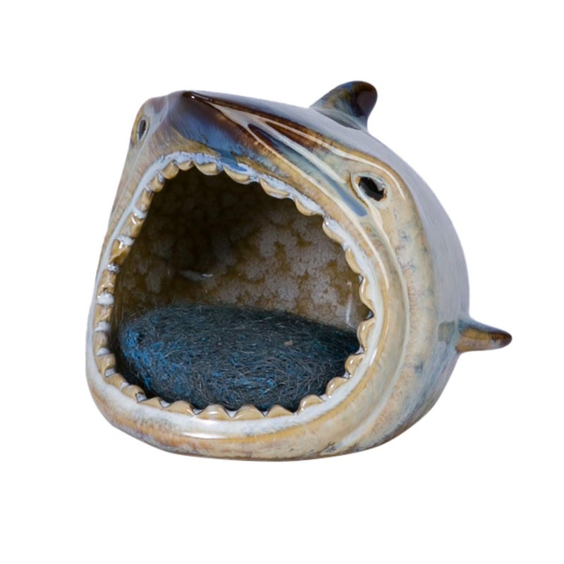 Beachcombers Ceramic Shark Holder For Scrubber Sponge Soap Coastal Beach Decor Decoration 4.5" x 4" x 4.5 Blue